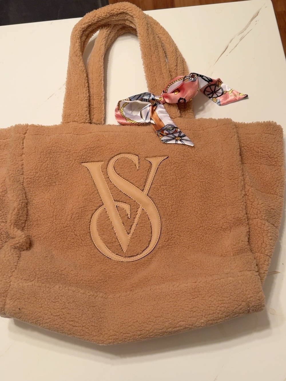 Victoria's Secret Camel Sherpa Tote with Silk Scarf Accent
